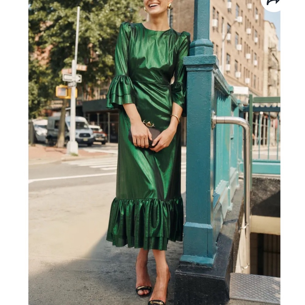 POMANDER PLACE Emerald Crinkle Lurex Lillith Dress